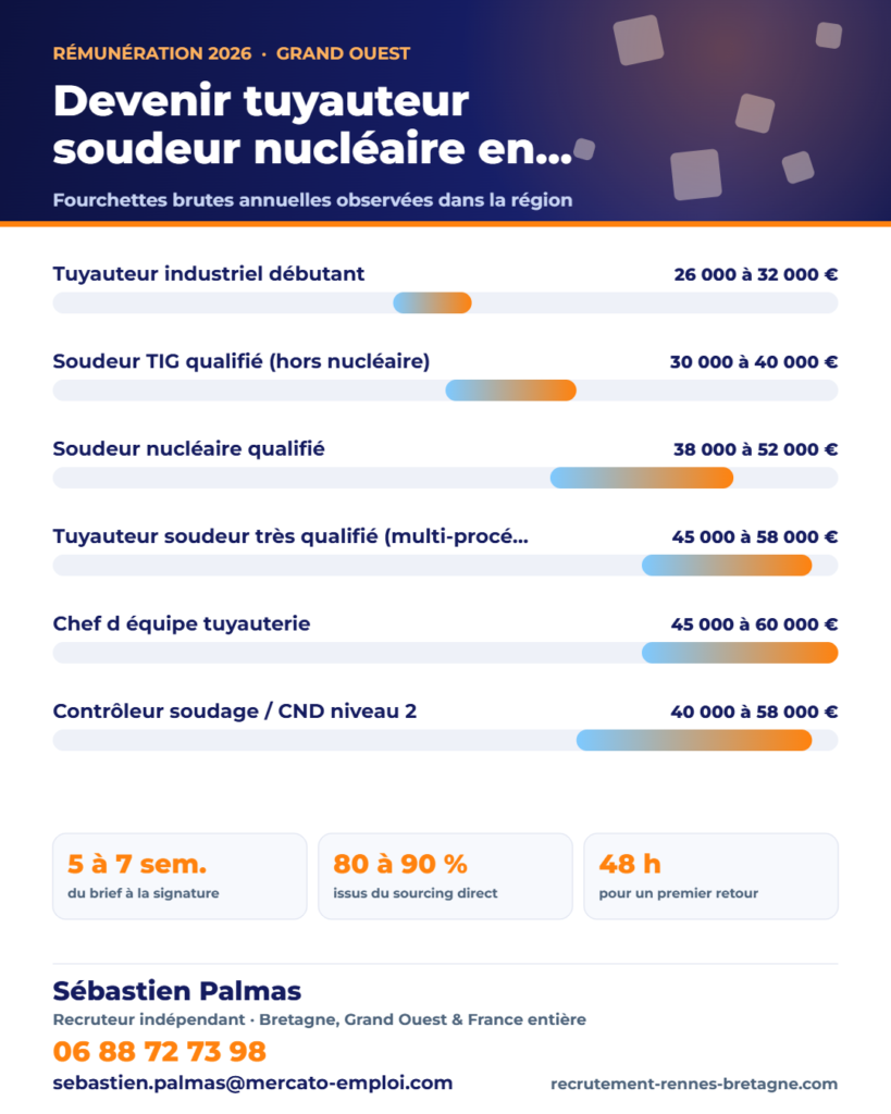 Infographie des fourchettes de salaire brut annuel : Devenir tuyauteur soudeur nucléaire en 2026 : salaire, qualifications et grands chantiers