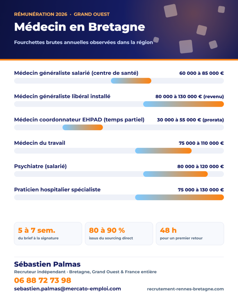 Infographie des fourchettes de salaire brut annuel : Médecin en Bretagne : salariat, libéral, remplacement — ce que le marché propose vraiment