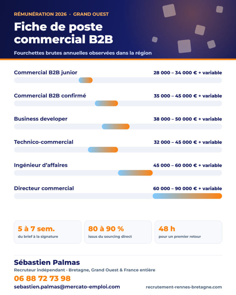 Modèle imprimable à fond blanc de fiche de poste commercial b2b : blocs à compléter et indicateurs de réussite