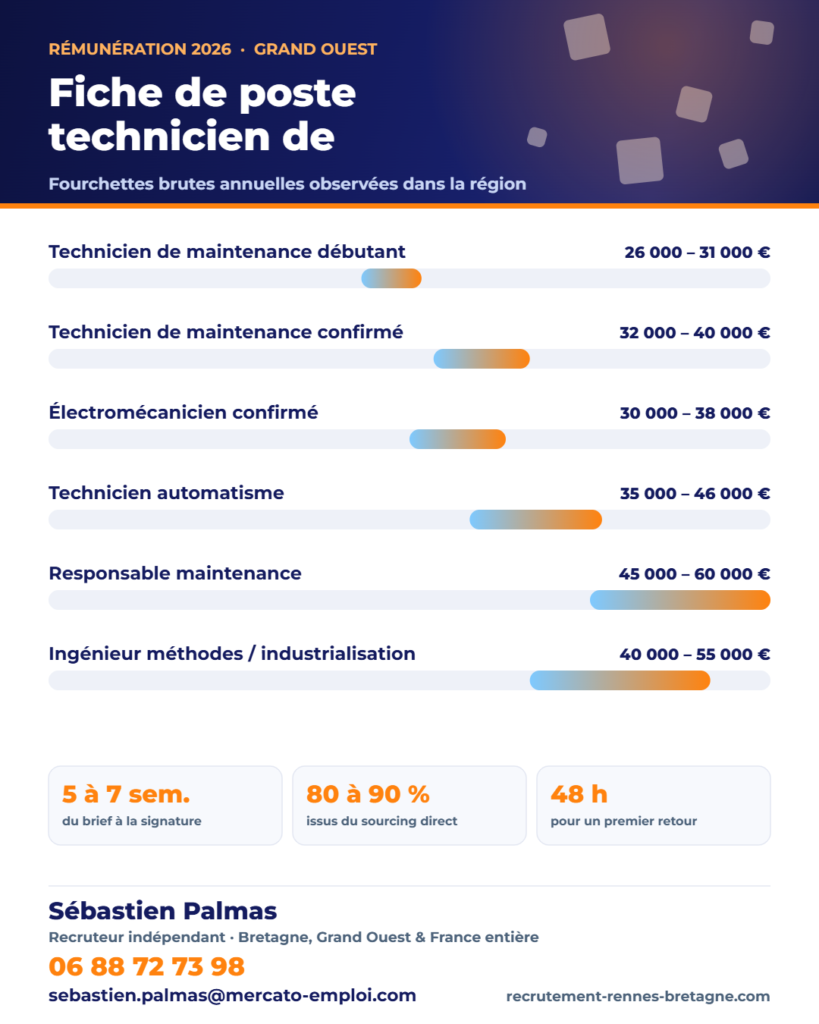 Modèle imprimable à fond blanc de fiche de poste technicien de maintenance industrielle : blocs à compléter et indicateurs de réussite