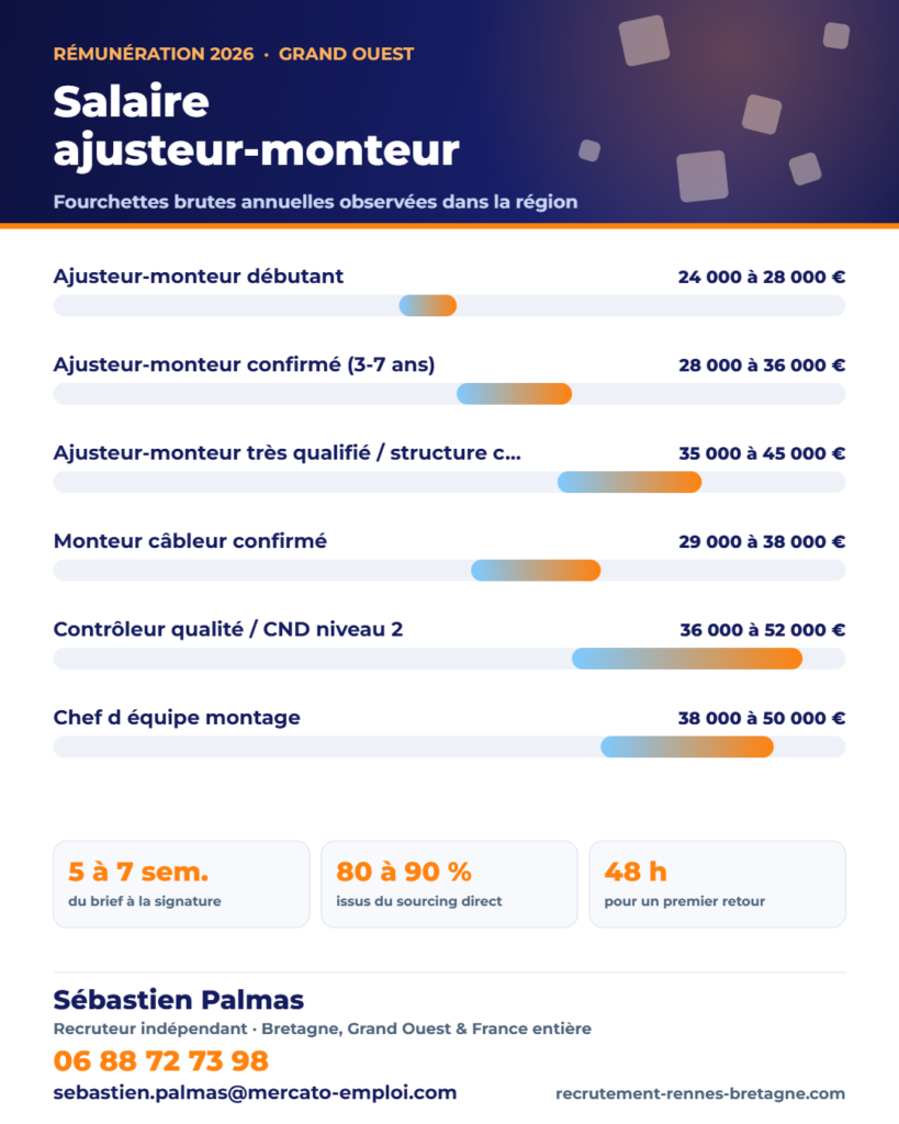 Infographie des fourchettes de salaire brut annuel : Salaire ajusteur-monteur aéronautique 2026 : fourchettes, sites et évolution