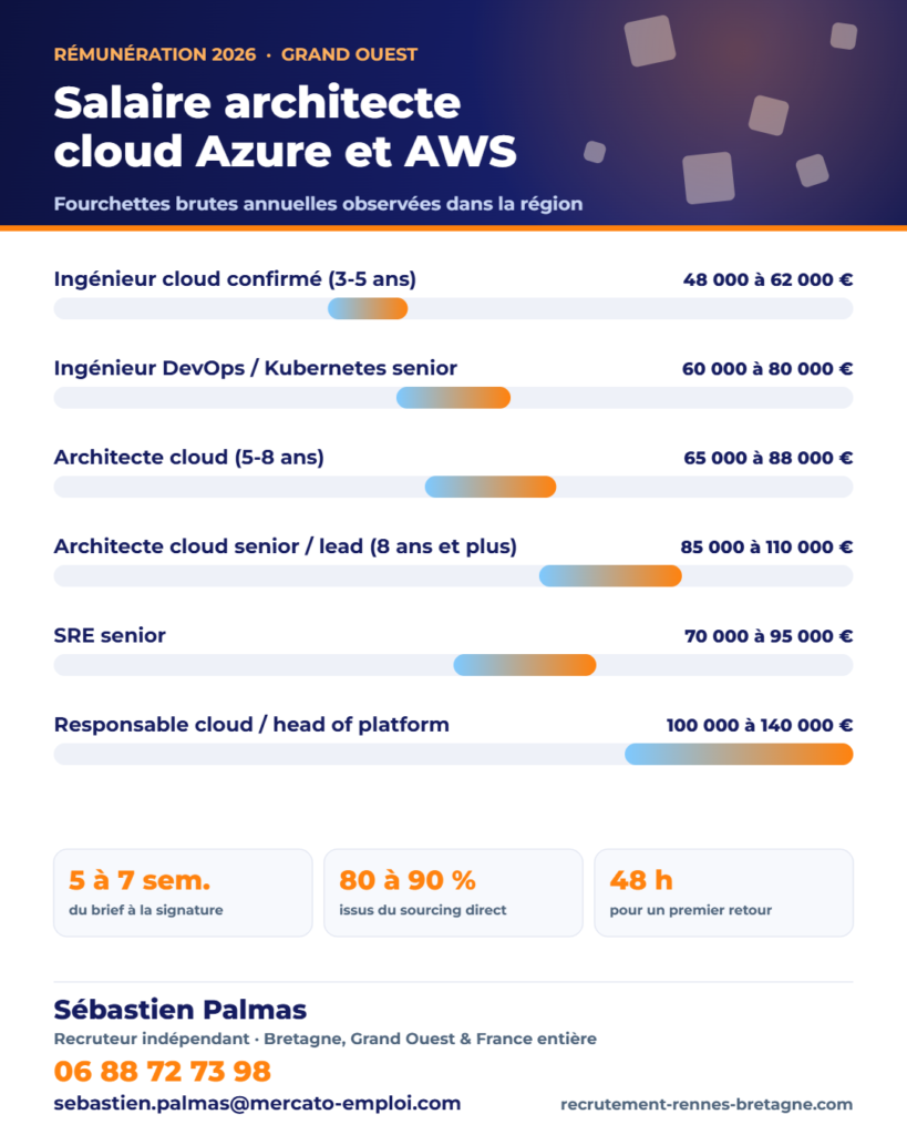 Infographie des fourchettes de salaire brut annuel : Salaire architecte cloud Azure et AWS 2026 : fourchettes, certifications et remote
