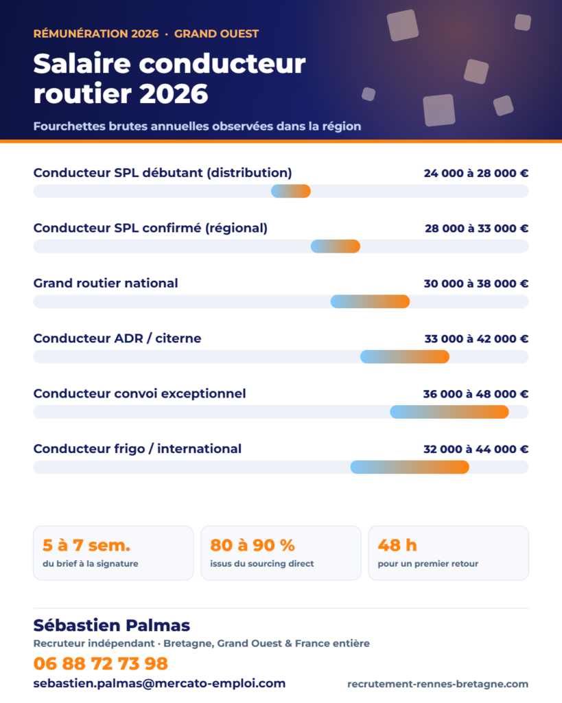 Infographie des fourchettes de salaire brut annuel : Salaire conducteur routier 2026 : convoi exceptionnel, ADR, frigo et grand routier