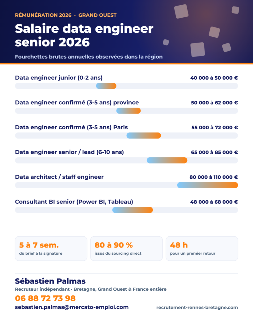 Infographie des fourchettes de salaire brut annuel : Salaire data engineer senior 2026 : Paris ou province, ce que l’écart cache vraiment