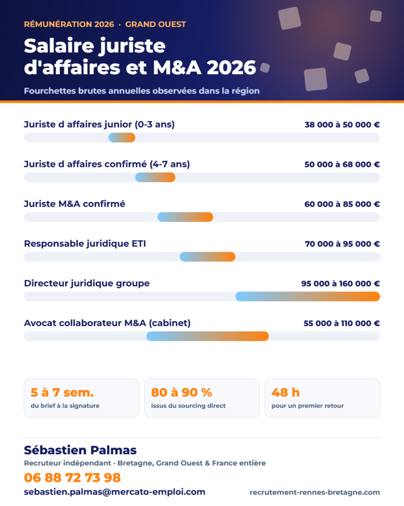 Infographie des fourchettes de salaire brut annuel : Salaire juriste d’affaires et M&A 2026 : cabinet, entreprise et fonds