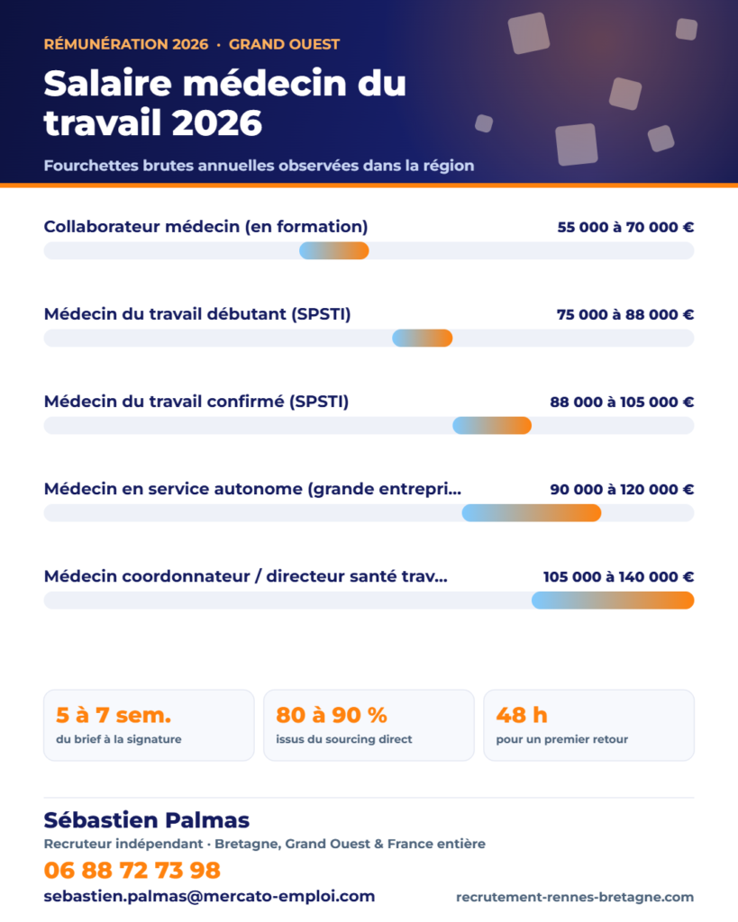 Infographie des fourchettes de salaire brut annuel : Salaire médecin du travail 2026 : grille, services interentreprises et négociation