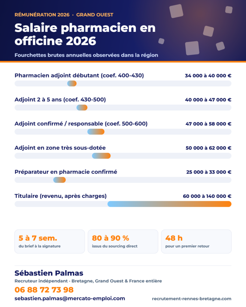 Infographie des fourchettes de salaire brut annuel : Salaire pharmacien en officine 2026 : grille réelle, coefficients et marges de négociation