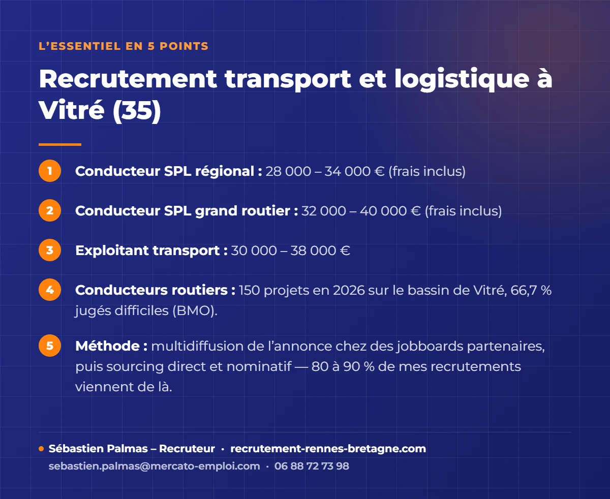 Infographie recrutement transport et logistique à vitré (35) : salaires 2026, tension du bassin et méthode – Sébastien Palmas, recruteur
